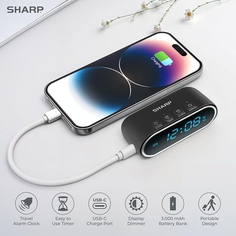 Sharp Travel Alarm Clock with Rechargeable Mini Power Bank – Portable Digital Alarm Clock with Countdown Timer, Adjustable Brightness, USB-C Emergency Phone Charger in Saudi Arabia