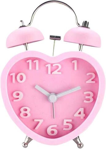 مونيك طلاب كبار السن 3 بوصة منبه مزدوج الجرس بصوت عالٍ ساعة منبه صامتة كوارتز تناظرية ليلاً تعمل بالبطارية للنوم الثقيل على شكل قلب وردي in Kuwait