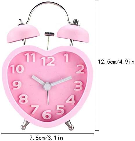 مونيك طلاب كبار السن 3 بوصة منبه مزدوج الجرس بصوت عالٍ ساعة منبه صامتة كوارتز تناظرية ليلاً تعمل بالبطارية للنوم الثقيل على شكل قلب وردي in Kuwait