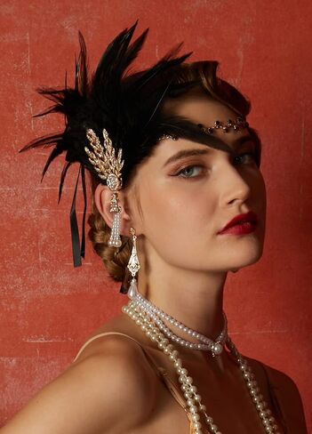 آرت ديكو 1920s فلابر غاتسبي العظيم ليف الزفاف تاج العروسة اللؤلؤ خوذة عقال مع ريشة in Kuwait