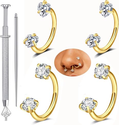 QWALIT 20g 8mm Gold Horseshoe Nose Ring for Women Surgical Steel Double Stud Gem Horse Shoe Nose Piercing Hoop Half U Shape Heart Tragus Daith Cartilage Earring Gold Helix Piercing Jewelry 20 gauge in Saudi Arabia