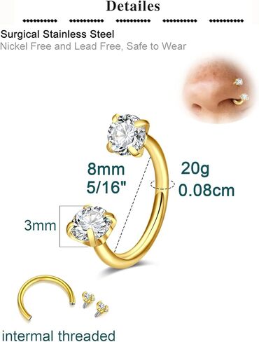 QWALIT 20g 8mm Gold Horseshoe Nose Ring for Women Surgical Steel Double Stud Gem Horse Shoe Nose Piercing Hoop Half U Shape Heart Tragus Daith Cartilage Earring Gold Helix Piercing Jewelry 20 gauge in Saudi Arabia