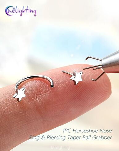 Melighting 20G Star Horseshoe Nose Rings Hoop, Threadless Nose Piercing with Piercing Taper Ball Grabber Tool 316L Stainless Steel, Heart Septum Lip Helix Rook Piercing Jewelry for Women 7/8 mm in Saudi Arabia