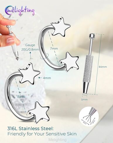 Melighting 20G Star Horseshoe Nose Rings Hoop, Threadless Nose Piercing with Piercing Taper Ball Grabber Tool 316L Stainless Steel, Heart Septum Lip Helix Rook Piercing Jewelry for Women 7/8 mm in Saudi Arabia