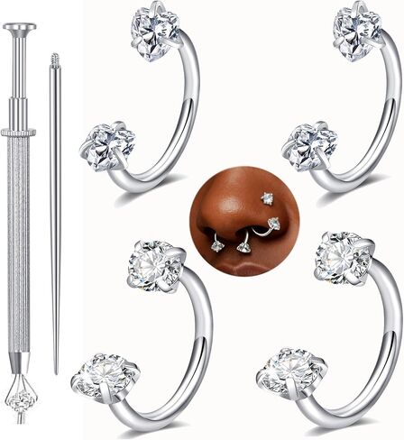 QWALIT 20g 8mm Horseshoe Nose Ring for Women Surgical Steel Double Stud Gem Horse Shoe Nose Piercing Hoop Half U Shape Heart Tragus Daith Cartilage Earring Silver Helix Piercing Jewelry 20 gauge in Saudi Arabia