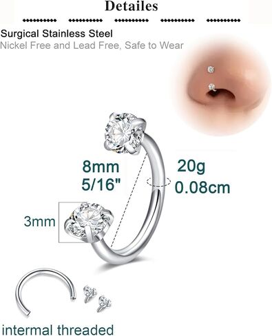 QWALIT 20g 8mm Horseshoe Nose Ring for Women Surgical Steel Double Stud Gem Horse Shoe Nose Piercing Hoop Half U Shape Heart Tragus Daith Cartilage Earring Silver Helix Piercing Jewelry 20 gauge in Saudi Arabia
