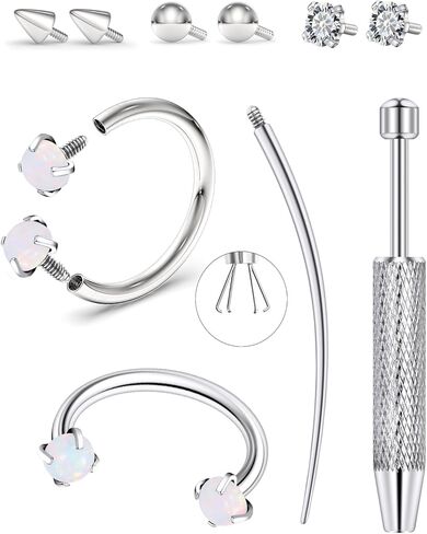 حلقات الأنف على شكل حدوة الحصان من أوبال 316L، حلقة حاجز من الفولاذ الجراحي 8 مم 16 جرام مع أداة وممسك الكرة، لا تسبب الحساسية للرخ والغضروف والحلزون والشفاه والأقراط الحلقية - مجوهرات ثقب الحاجز الفضي in Kuwait