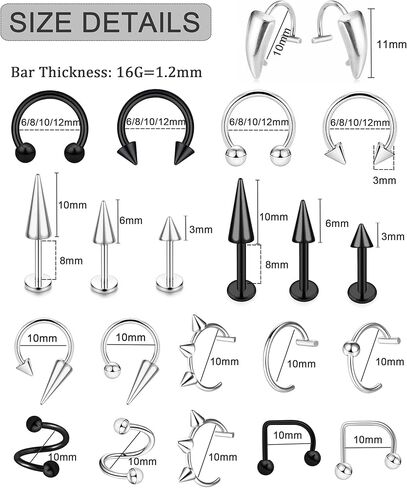 36Pcs 16G Stainless Steel Lip Rings for Women Men Snake Bite Piercing Labret Jewelry Monroe Barbell Spike Nose Stud in Saudi Arabia