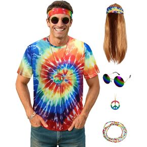 Hippie Costume for Men 60s 70s - Tie Dye Shirt with Fringe Vest & Wig Set, Retro Outfit sets for Carnival in Saudi Arabia