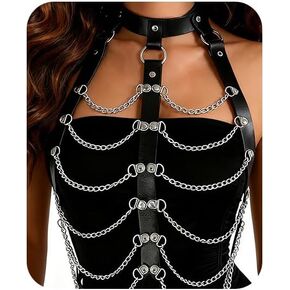 Punk Black Leather Chest Harness for Women, Vintage Leather Chest Harness Goth Layered Silver Chain Bra Cosplay Jewelry Y2K Concert Accessories in Saudi Arabia