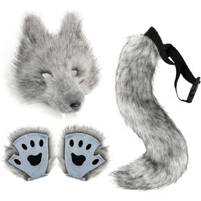 مجموعة قناع وذيل QinRuan Therian، زي تنكري ثعلب وولف من الفرو الصناعي مكون من 3 قطع مع قفازات مخالب للبالغين in Kuwait