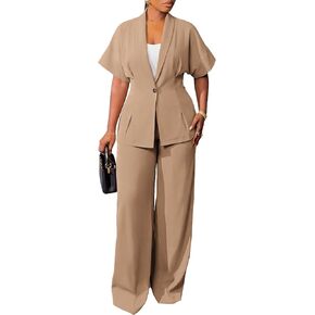 Women's 2 Piece Suit Set Short Sleeve Blazer & Wide Leg Pants Set Summer Work Pantsuit for Business Casual in Kuwait