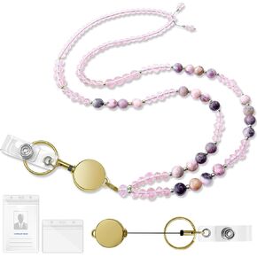 حبال مطرزة لشارات الهوية والمفاتيح، حبل للمعلم من الحجر الطبيعي للنساء، حبل شارة قابل للسحب مع حامل لبطاقة الهوية، حبل لطيف مع حزام معصم للهاتف (وردي) in Kuwait