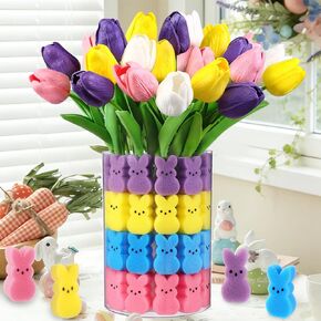 JOICEE Easter Decorations, 15pcs Artificial Tulips with 48pcs Sponge Bunnies Vase Filler Set Fake Tulips Flowers for Easter Decor Spring Home Kitchen Table Centerpieces Decoration in Saudi Arabia