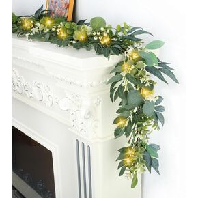 Eucalyptus Garland, Spring Greenery Garland 6FT Eucalyptus Garland with Lights, Artificial Green Garland Decor for Indoor Outdoor Home Weddings Arches Fireplaces Staircases Holiday Decor in Kuwait