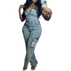 بذلة نسائية عصرية من قماش الدنيم بذلة مثيرة بدون حمالات غير رسمية من الجينز رومبير مع جيوب in Kuwait