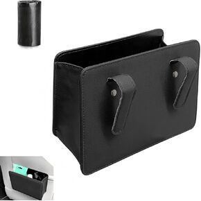 Car Trash Can, Leather Foldable Waterproof Garbage Organizer with 1 Roll Trash Bags, Multi-Function Hanging Interior Holder for Car SUV (Black) in Kuwait