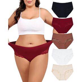 LEVAO ملابس داخلية مقاس كبير XL-4XL ملابس داخلية نسائية كبيرة متعرجة من القطن مع دانتيل بخصر عالٍ سراويل داخلية ناعمة قابلة للتنفس 5 عبوات in Kuwait