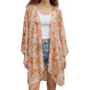 سترة كيمونو نسائية من Olrain بأكمام جرس ومطبوعة بالورود خفيفة الوزن ومفتوحة من الأمام وغطاء للرأس لفصل الصيف in Kuwait