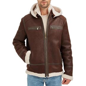 Men's Sheepskin Shearling Bomber Jacket with Detachable Hood in Kuwait