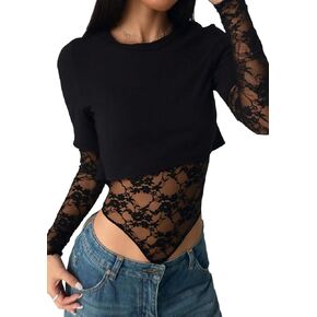 Unybwonn إمرأة شبكة كم طويل ارتداءها مثير Crewneck خليط الدانتيل شير المحاصيل تيز عارضة الخروج بدلة للجسم أعلى in Kuwait