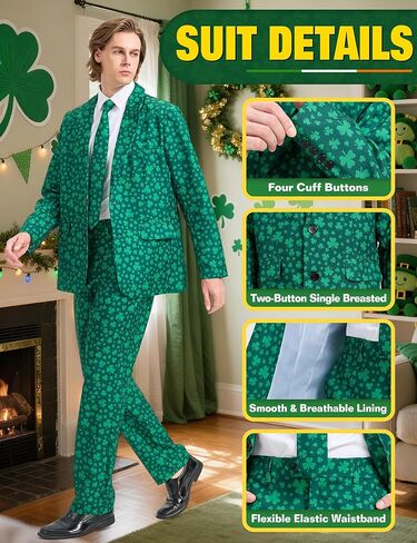 Men's St Patricks Day Suit 3 PCS Shamrock Print Suit with Blazer Pants Tie Irish St. Paddys Holiday Party Green in Kuwait