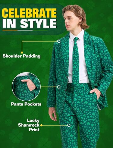 Men's St Patricks Day Suit 3 PCS Shamrock Print Suit with Blazer Pants Tie Irish St. Paddys Holiday Party Green in Kuwait