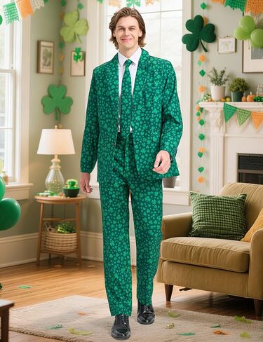 Men's St Patricks Day Suit 3 PCS Shamrock Print Suit with Blazer Pants Tie Irish St. Paddys Holiday Party Green in Kuwait