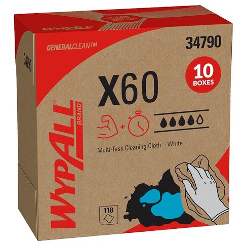 قماش تنظيف متعدد المهام من WypAll GeneralClean X60 (34790)، صندوق منبثق، مناشف قوية وماصة، أبيض (118 ورقة/صندوق، 10 صناديق/علبة، 1,180 ورقة/علبة) in Kuwait