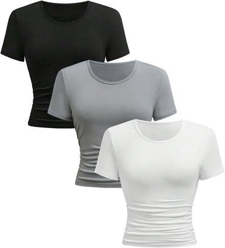 SOLY HUX Girl's 3 Pack T Shirt Short Sleeve Crew Neck Ruched Fitted Tee Solid Summer Tops in Saudi Arabia
