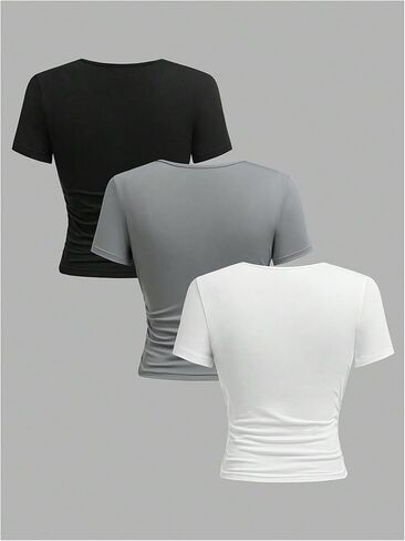 SOLY HUX Girl's 3 Pack T Shirt Short Sleeve Crew Neck Ruched Fitted Tee Solid Summer Tops in Saudi Arabia
