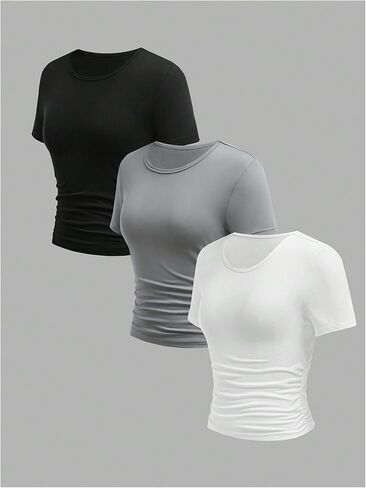 SOLY HUX Girl's 3 Pack T Shirt Short Sleeve Crew Neck Ruched Fitted Tee Solid Summer Tops in Saudi Arabia
