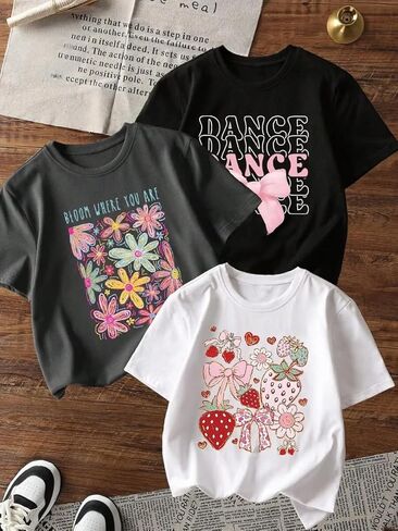 3-Pack Girls Short Sleeve Graphic Tees, Printed Crew Neck T-Shirts for Kids 8–14 in Saudi Arabia
