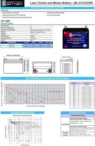 بطارية مايتي ماكس ML-U1-CCAHR بطارية 12 فولت 320CCA لجزازة العشب Kubota T2380 in Kuwait