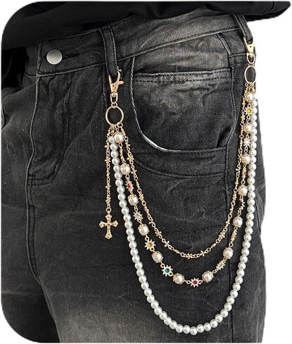 Gold Wallet Pants Chain for Men Women with Pearl Rhinestone Punk Gothic Accessories Hip Hop Layered Jean Chain for Pants Pocket Trousers Purse in Saudi Arabia
