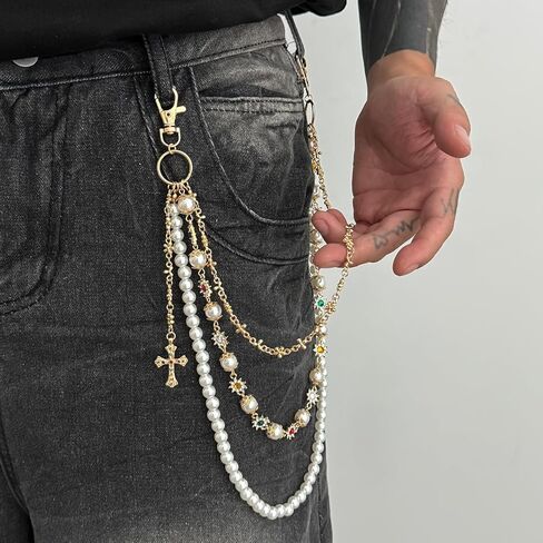 Gold Wallet Pants Chain for Men Women with Pearl Rhinestone Punk Gothic Accessories Hip Hop Layered Jean Chain for Pants Pocket Trousers Purse in Saudi Arabia