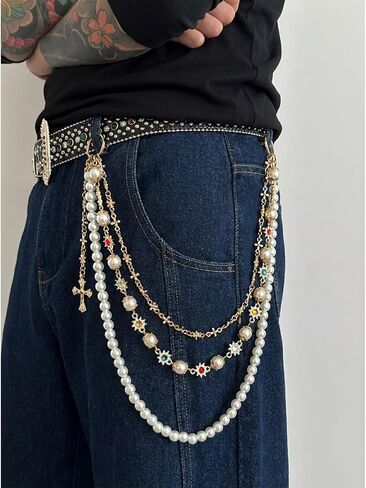 Gold Wallet Pants Chain for Men Women with Pearl Rhinestone Punk Gothic Accessories Hip Hop Layered Jean Chain for Pants Pocket Trousers Purse in Saudi Arabia