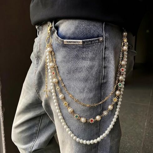 Gold Wallet Pants Chain for Men Women with Pearl Rhinestone Punk Gothic Accessories Hip Hop Layered Jean Chain for Pants Pocket Trousers Purse in Saudi Arabia