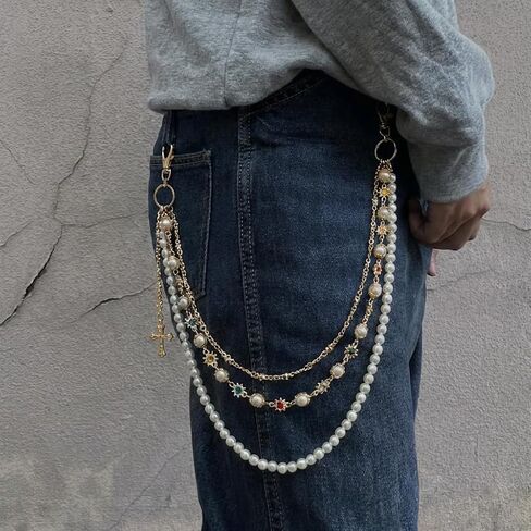 Gold Wallet Pants Chain for Men Women with Pearl Rhinestone Punk Gothic Accessories Hip Hop Layered Jean Chain for Pants Pocket Trousers Purse in Saudi Arabia