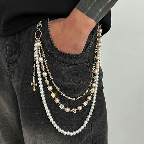 Gold Wallet Pants Chain for Men Women with Pearl Rhinestone Punk Gothic Accessories Hip Hop Layered Jean Chain for Pants Pocket Trousers Purse in Saudi Arabia