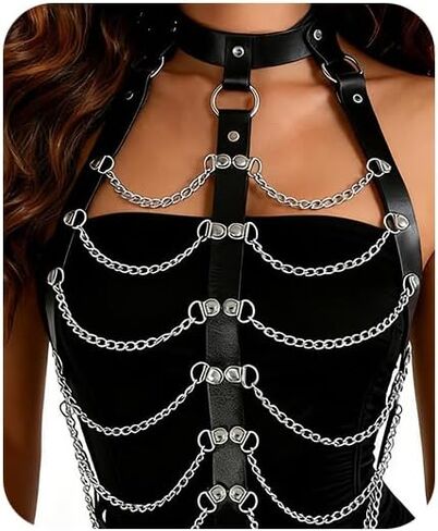 Punk Black Leather Chest Harness for Women, Vintage Leather Chest Harness Goth Layered Silver Chain Bra Cosplay Jewelry Y2K Concert Accessories in Saudi Arabia