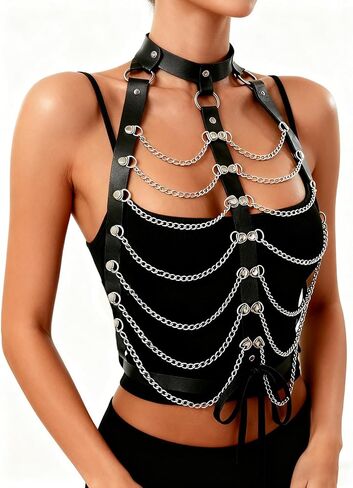 Punk Black Leather Chest Harness for Women, Vintage Leather Chest Harness Goth Layered Silver Chain Bra Cosplay Jewelry Y2K Concert Accessories in Saudi Arabia