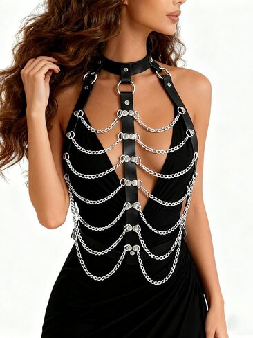 Punk Black Leather Chest Harness for Women, Vintage Leather Chest Harness Goth Layered Silver Chain Bra Cosplay Jewelry Y2K Concert Accessories in Saudi Arabia
