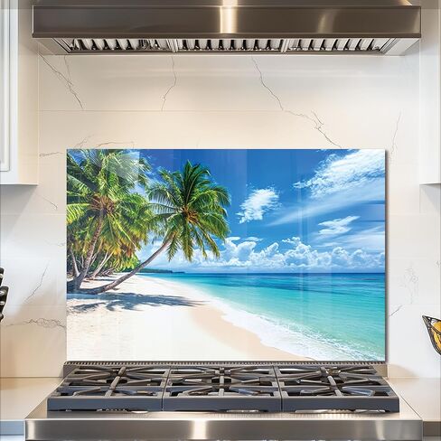 fzxwyishu Tempered Glass Backsplash for Kitchen,Stove Splashback Protector Beach Scenery Design | Heat-Resistant Splash Board, Kitchen Wall Decoration (Art Deco 2, 30"x20"(76.2x50.8cm)) in Saudi Arabia