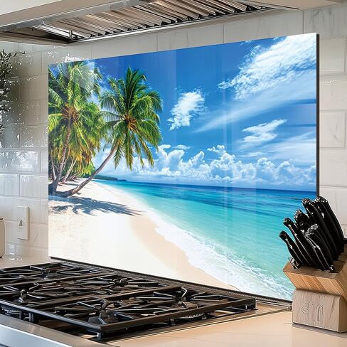 fzxwyishu Tempered Glass Backsplash for Kitchen,Stove Splashback Protector Beach Scenery Design | Heat-Resistant Splash Board, Kitchen Wall Decoration (Art Deco 2, 30"x20"(76.2x50.8cm)) in Saudi Arabia