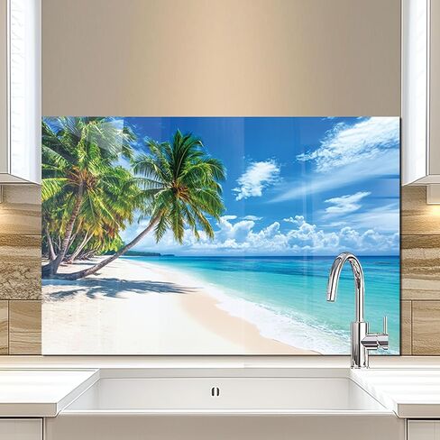 fzxwyishu Tempered Glass Backsplash for Kitchen,Stove Splashback Protector Beach Scenery Design | Heat-Resistant Splash Board, Kitchen Wall Decoration (Art Deco 2, 30"x20"(76.2x50.8cm)) in Saudi Arabia