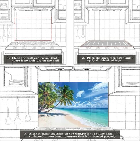 fzxwyishu Tempered Glass Backsplash for Kitchen,Stove Splashback Protector Beach Scenery Design | Heat-Resistant Splash Board, Kitchen Wall Decoration (Art Deco 2, 30"x20"(76.2x50.8cm)) in Saudi Arabia