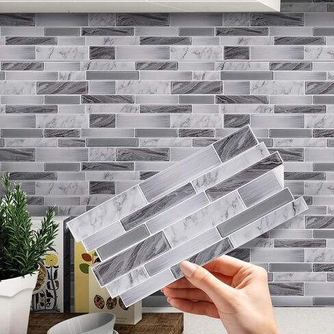 12pcs Vinyl Wall Stickers Marble Pattern 2D Effect Self-Adhesive Peel and Stick Tiles for Kitchen Backsplash, Bathroom, Furniture, Gray in Saudi Arabia