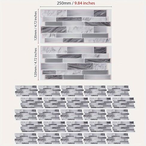 12pcs Vinyl Wall Stickers Marble Pattern 2D Effect Self-Adhesive Peel and Stick Tiles for Kitchen Backsplash, Bathroom, Furniture, Gray in Saudi Arabia
