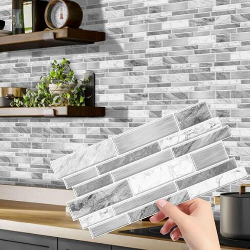 12pcs Vinyl Wall Stickers Marble Pattern 2D Effect Self-Adhesive Peel and Stick Tiles for Kitchen Backsplash, Bathroom, Furniture, Gray in Saudi Arabia